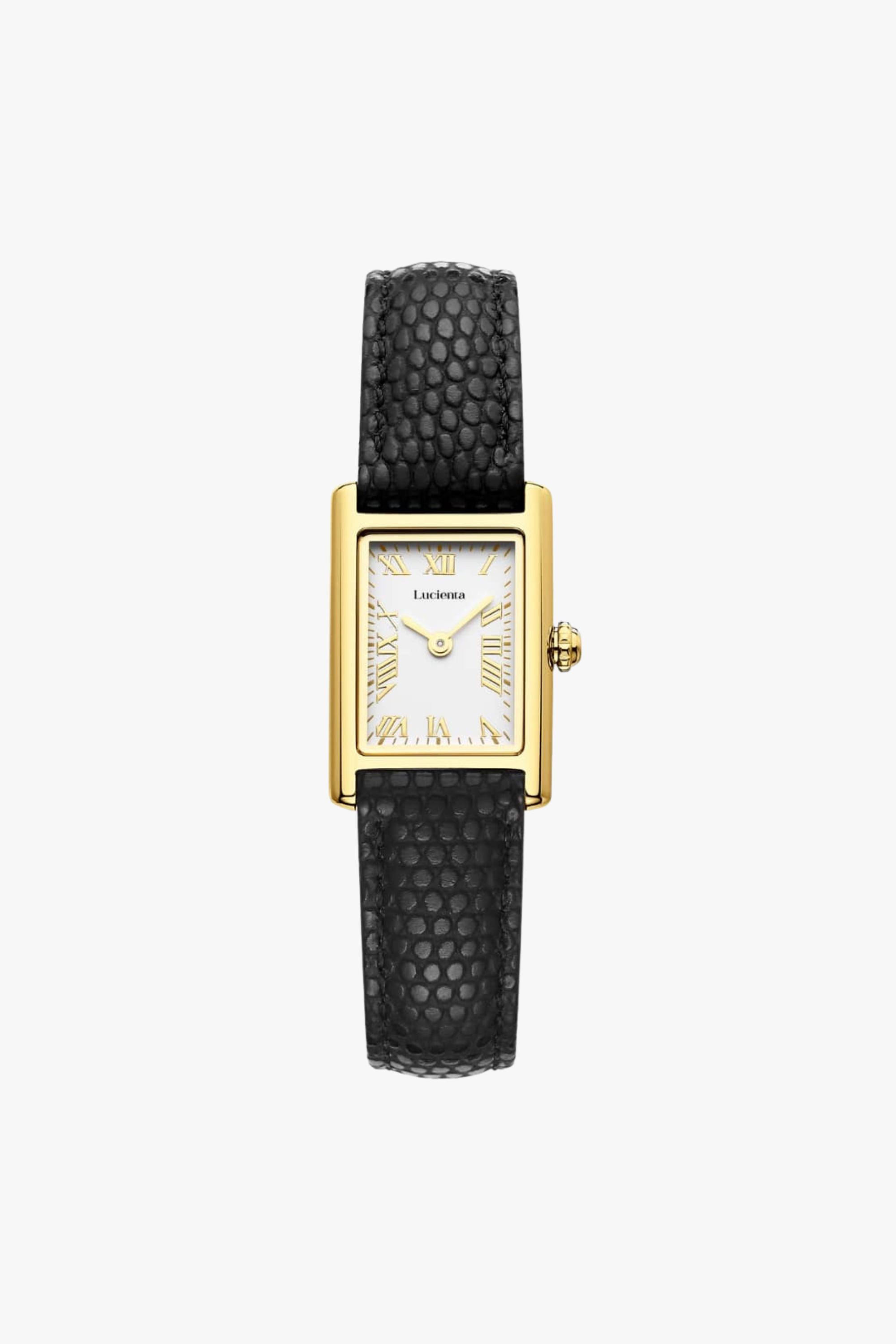 Lucienta Amara gold square watch for women with black textured leather strap, Roman numeral dial, and elegant minimalist design.